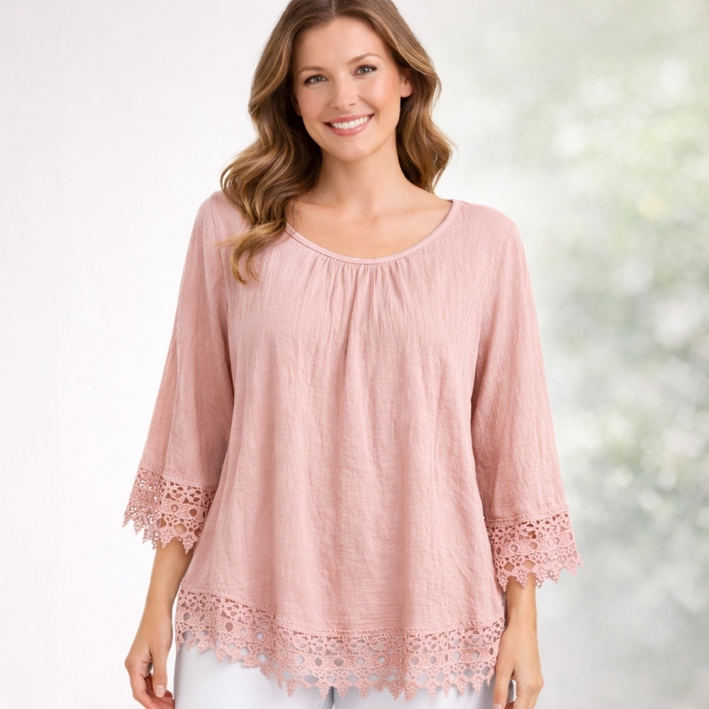 Unique Spectrum XL Blush Pink Crinkle Boho Blouse with Lace Trim